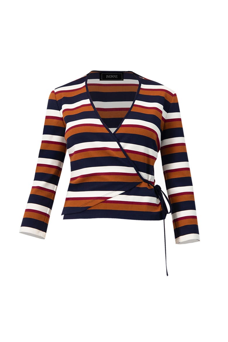 V-Neck Wrap Blouse with Color Block Stripes, Alternate, color, Multi-Brown