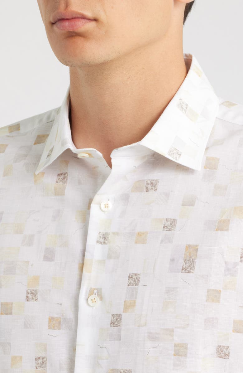 Bugatchi Axel Trim Fit Geometric Print Cotton & Linen Button-Up Shirt, Alternate, color, Desert