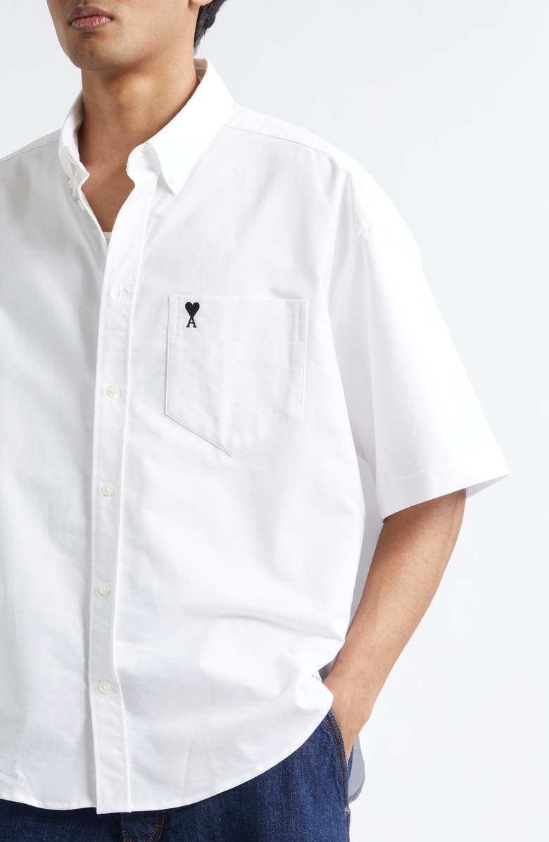 AMI PARIS Ami de Coeur Embroidered Boxy Cotton Poplin Button-Up Shirt, Alternate, color, Blanc Naturel
