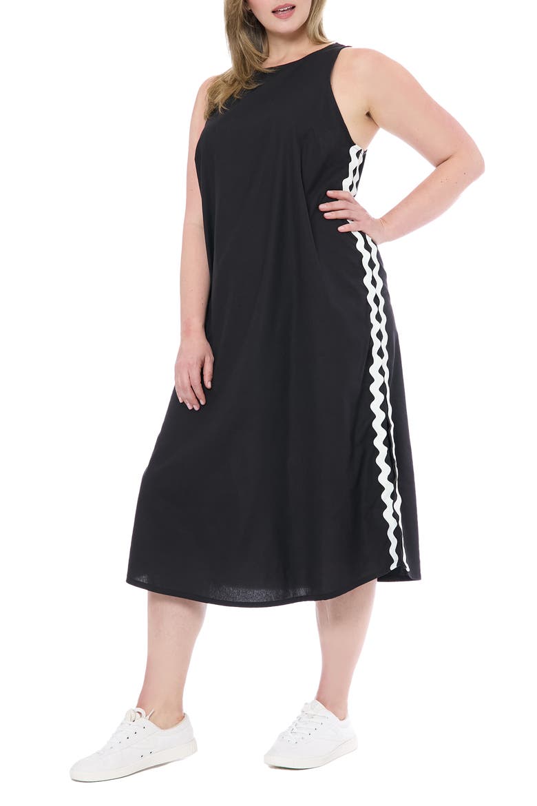 Rickrack Trim Sleeveless Cotton Blend Midi Dress, Alternate, color, BLACK