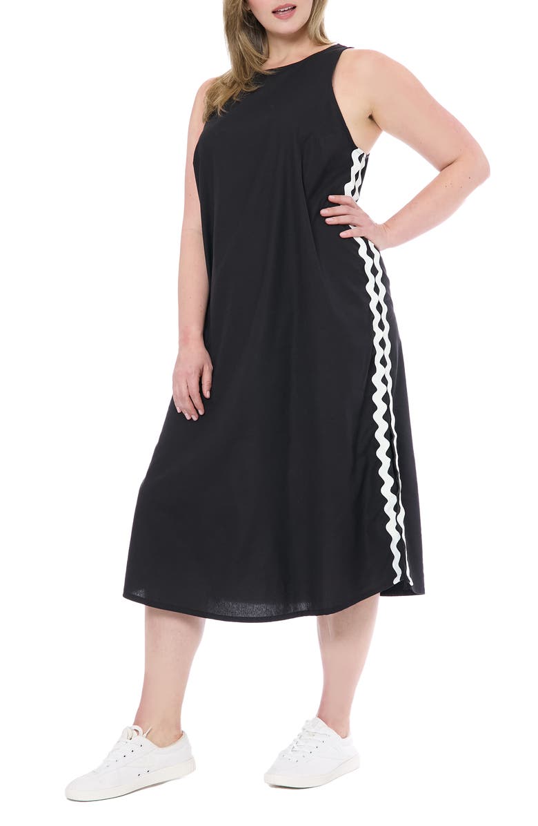 London Times Rickrack Trim Sleeveless Cotton Blend Midi Dress, Alternate, color, Black