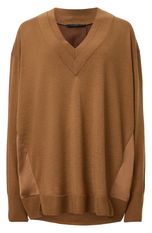 Allsaints Womens Caramel Brown Bern V-neck Contrast-panel Merino-wool Jumper In Brown
