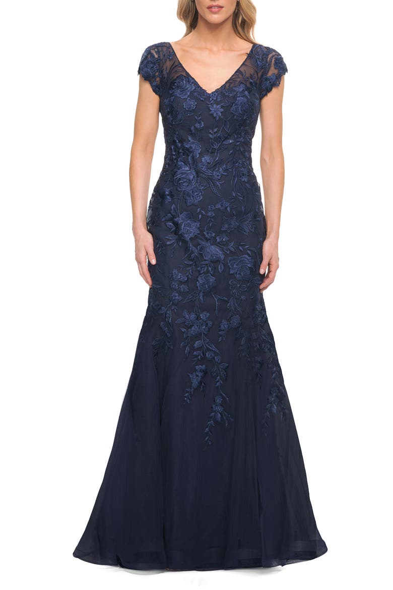 Lace and Tulle Mermaid Gown with Cap Sleeves, Main, color, Navy