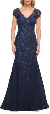 La Femme Lace and Tulle Mermaid Gown with Cap Sleeves