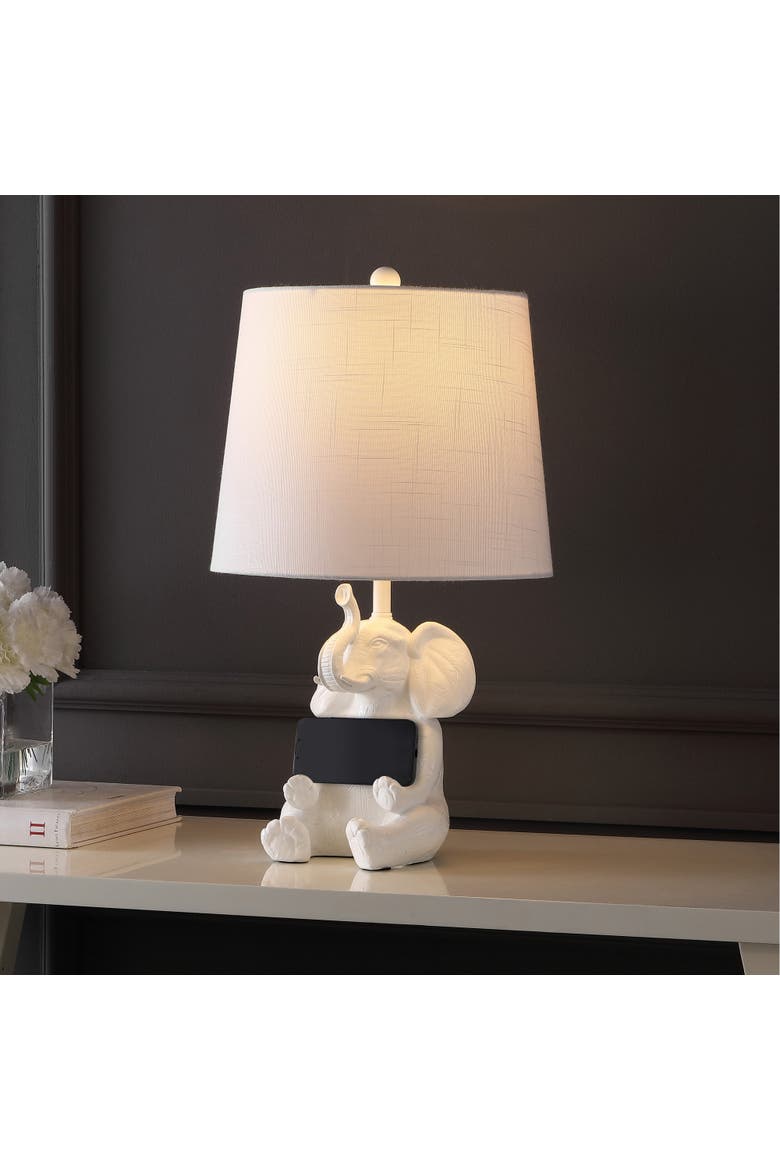 Kairi Modern Shabby Chic Resin/Iron Happy Elephant LED Kids' Table Lamp with Phone Stand, Alternate, color, White
