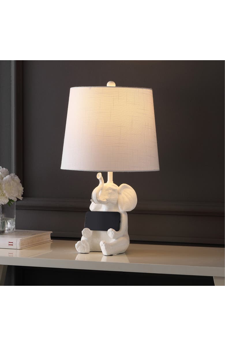 JONATHAN Y Kairi Modern Shabby Chic Resin/Iron Happy Elephant LED Kids' Table Lamp with Phone Stand, Alternate, color, White