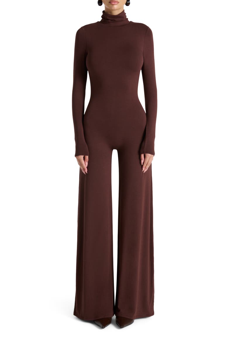 Naked Wardrobe Sculpt Turtleneck Wide Leg Jumpsuit, Main, color, Chocolate