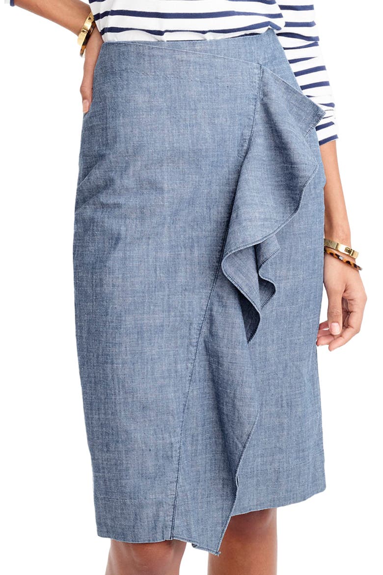 J.Crew Chambray Ruffle Skirt, Main, color, PALE INDIGO