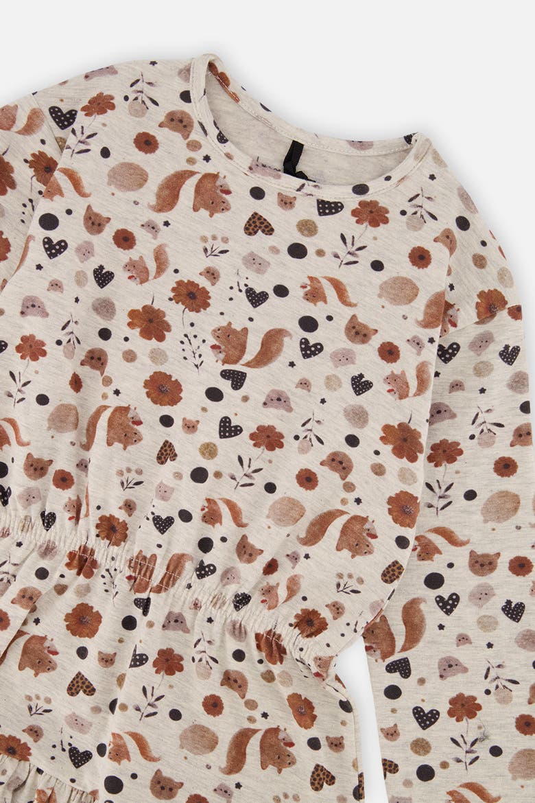 Organic Cotton Squirrel Floral Ruffle Yoke Dress, Alternate, color, Beige with Squirrel Print
