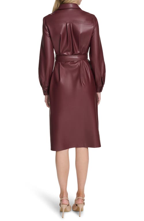 Calvin Klein Long Sleeve Faux Leather Shirtdress In Burgundy
