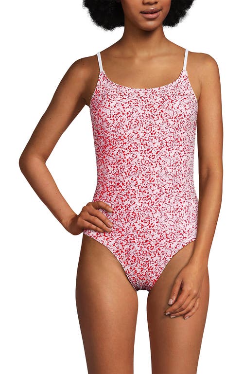 Lands' End Chlorine Resistant Scoop Neck High Leg Tugless Tank Thin Strap One Piece Swimsuit Adjusta In Coral Rose/white Ditsy Lilies
