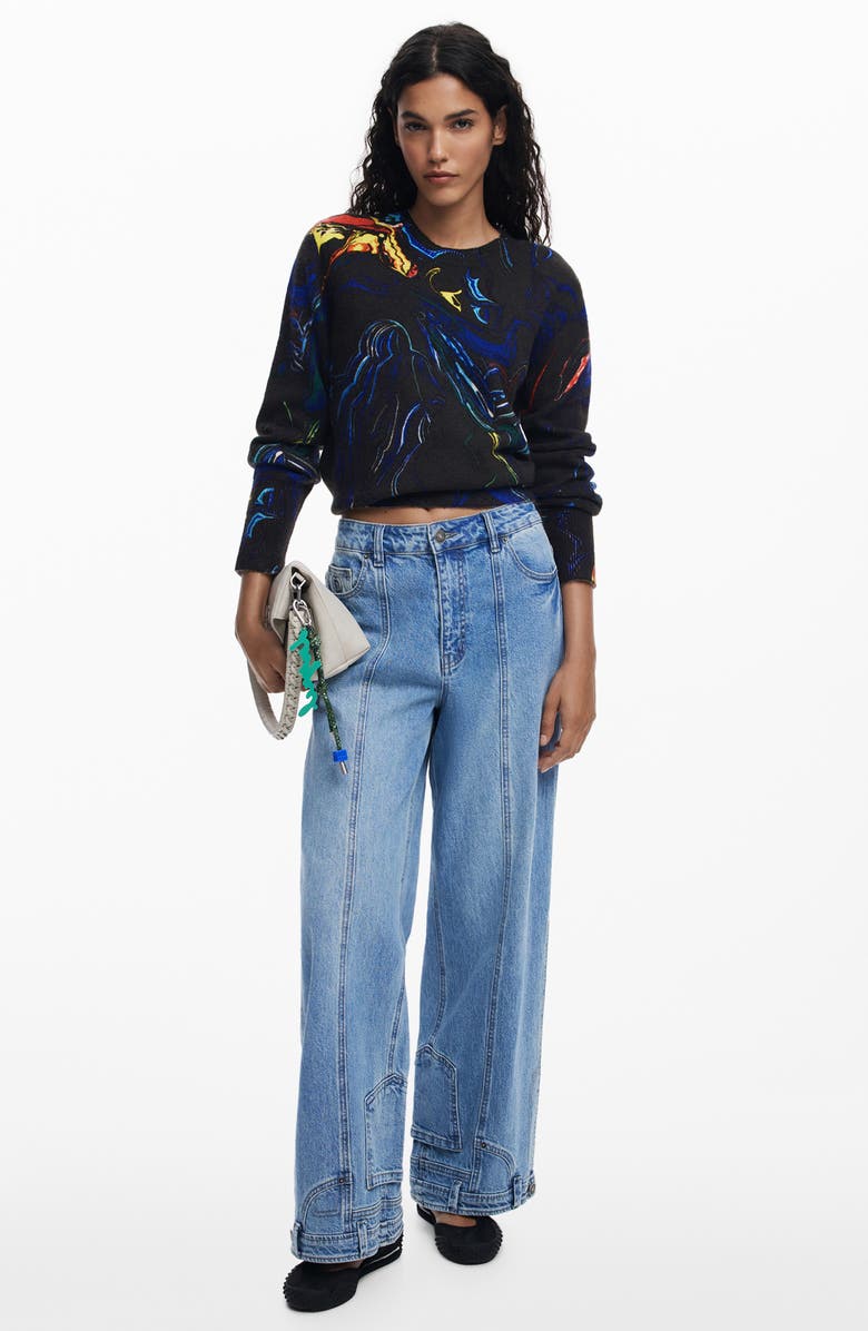 Desigual Paint Swirl Print Sweater, Alternate, color, Black