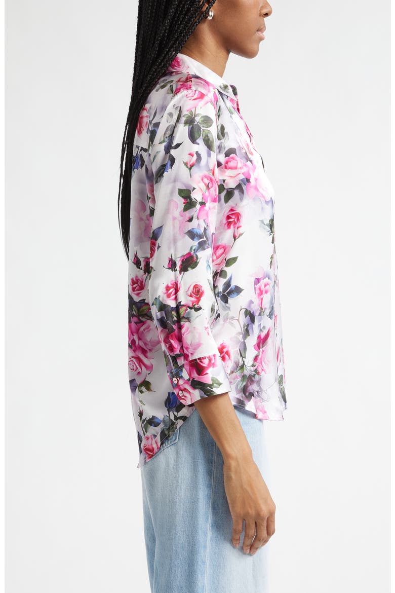 Dani Floral Print Three-Quarter Sleeve Silk Button-Up Shirt, Alternate, color, PINK MULTI WATER ROSE