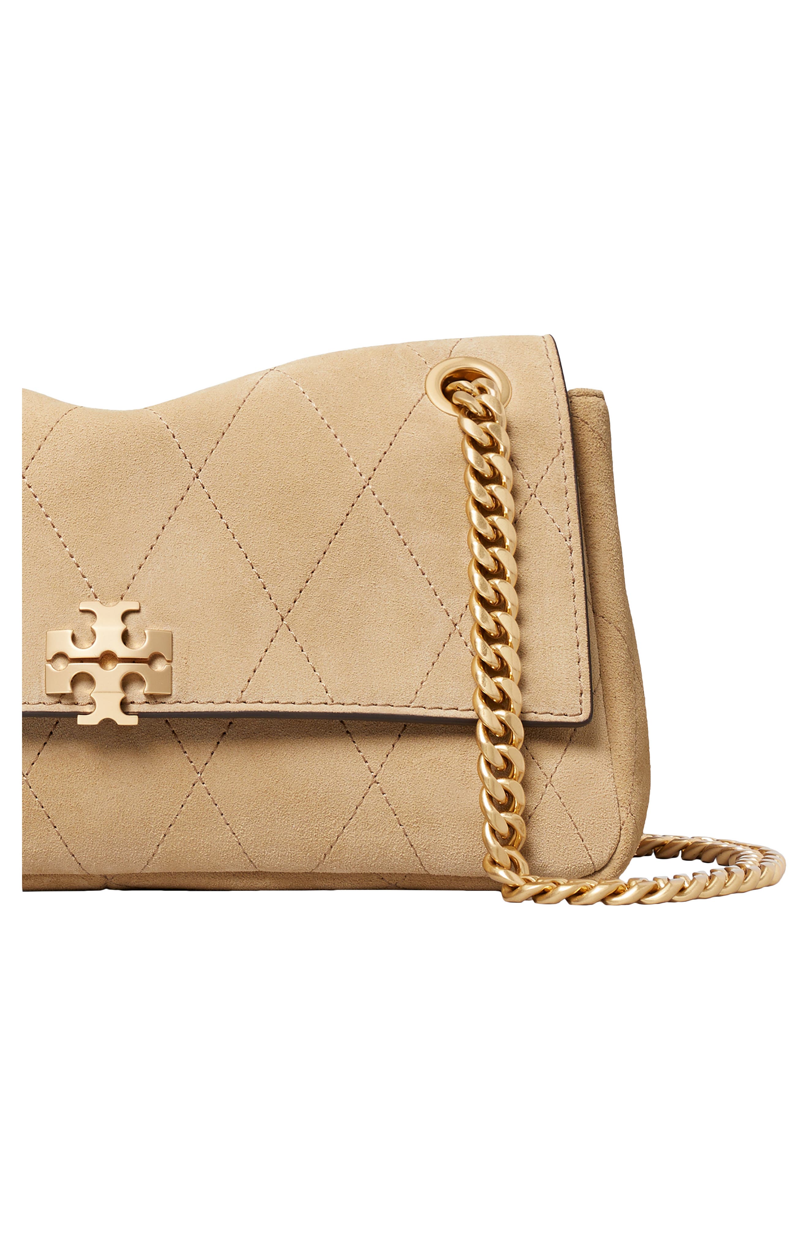 Tory Burch Charlie Quilted Suede Shoulder Bag, Alternate, color, Stone