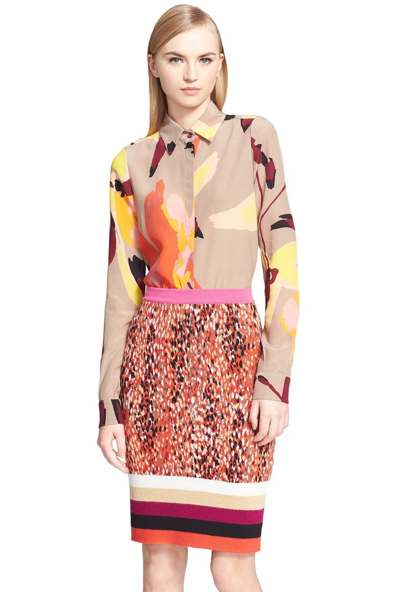 Abstract Print Long Sleeve Silk Blouse, Main, color, BIEGE MULTI