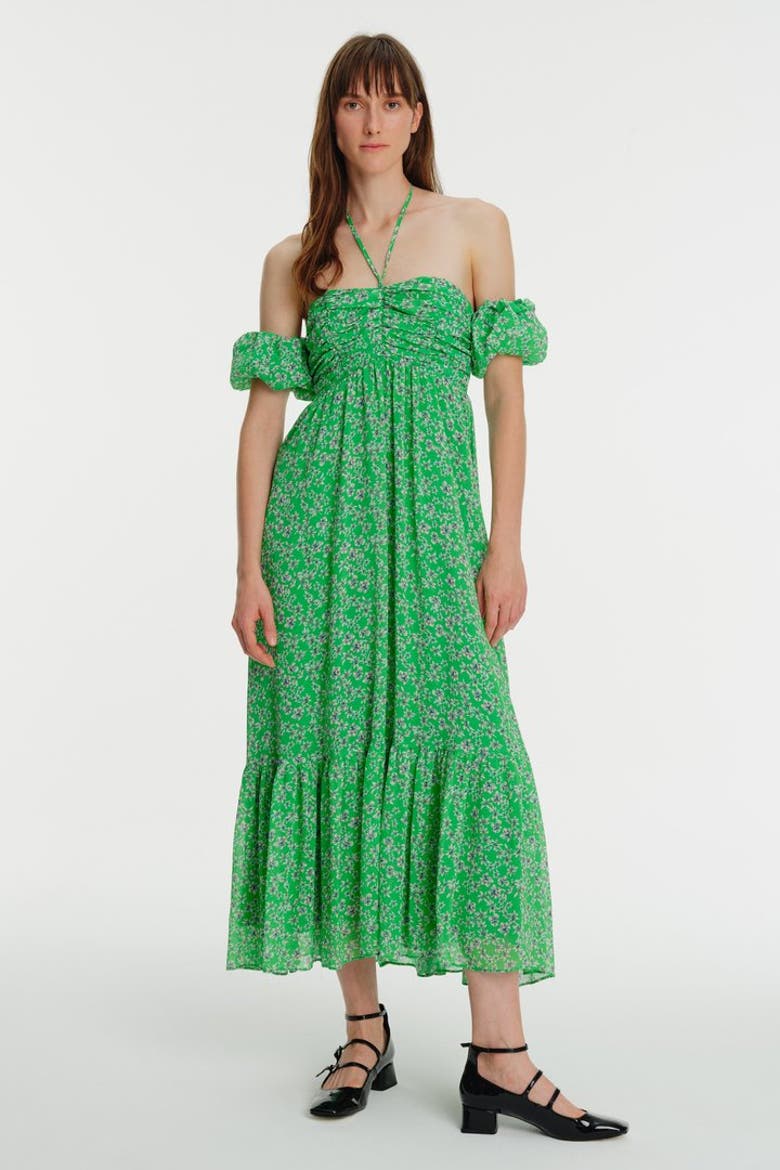 Halter Neck Floral Chiffon Midi Dress, Alternate, color, ORIGINAL