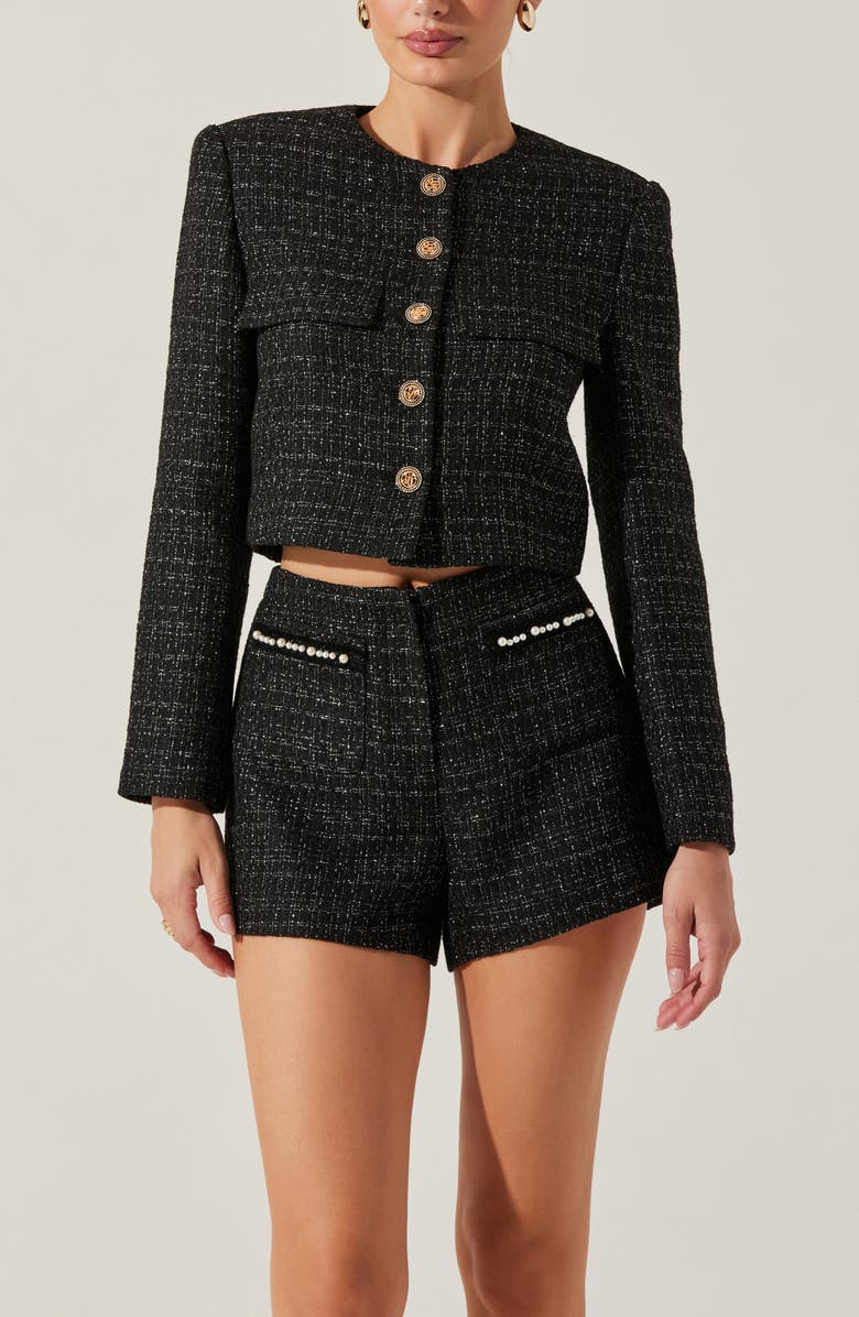 ASTR the Label Faux Pearl Trim High Waist Tweed Shorts, Alternate, color, 