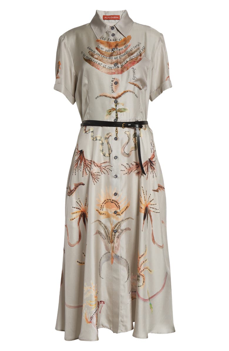 Altuzarra Kiera Figurative Tattoo Print Belted Silk Shirtdress, Alternate, color, Moonlight Figurative