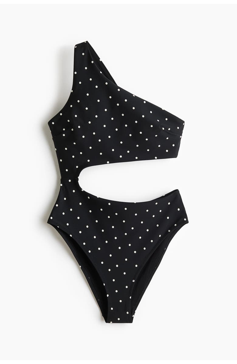 H&M Padded-cup One-shoulder Swimsuit, Main, color, Black/Polka Dot