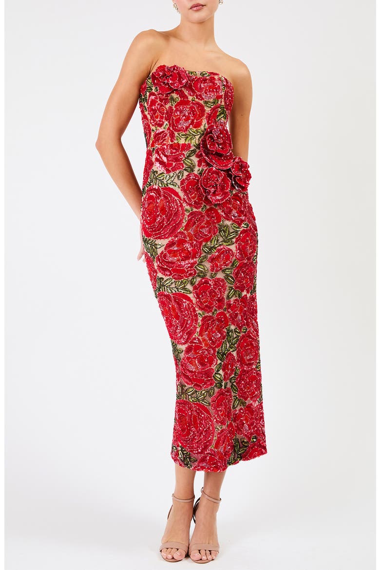 Victoria Sequin Floral Strapless Dress, Main, color, ROSE RED