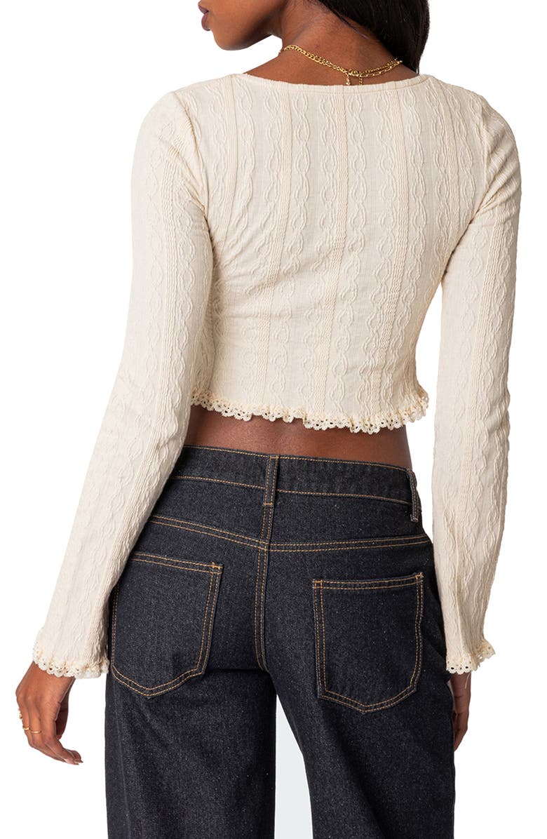 EDIKTED Lacey Long Sleeve Knit Crop Top, Alternate, color, Cream