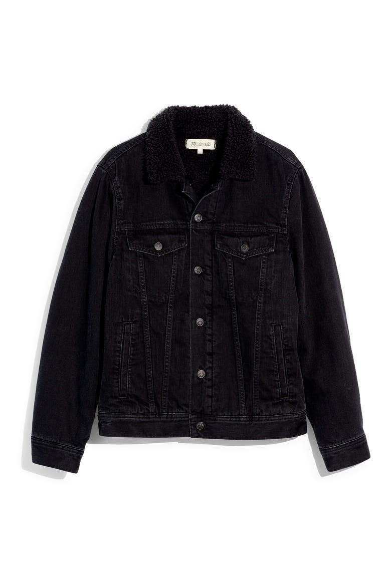 Faux Shearling Collar Denim Jacket, Alternate, color, BLACK 1