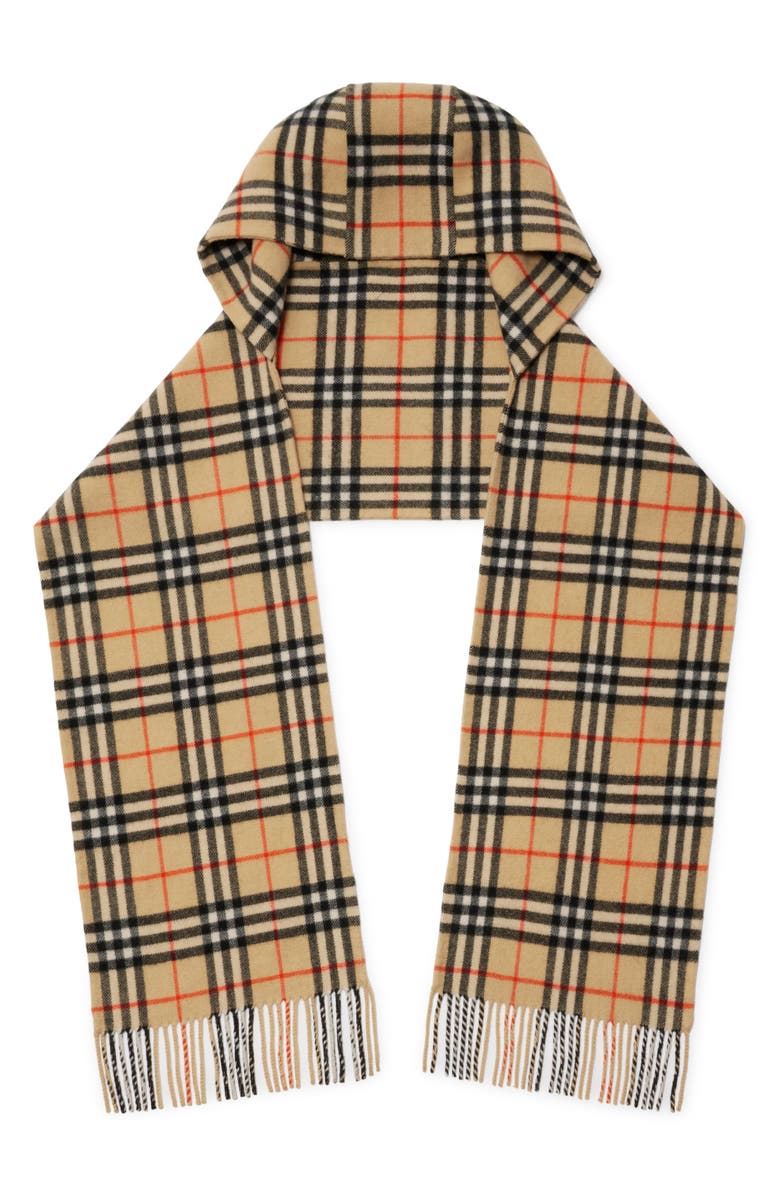 Burberry Check Hooded Cashmere Fringe Scarf, Main, color,