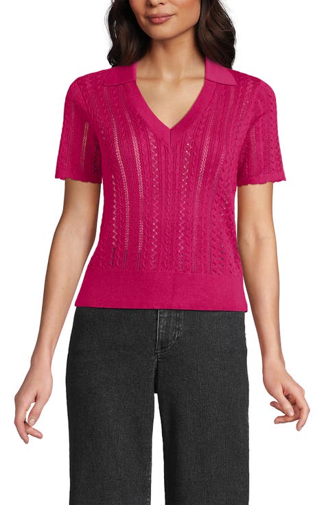 Fine Gauge Cotton Pointelle Polo Sweater