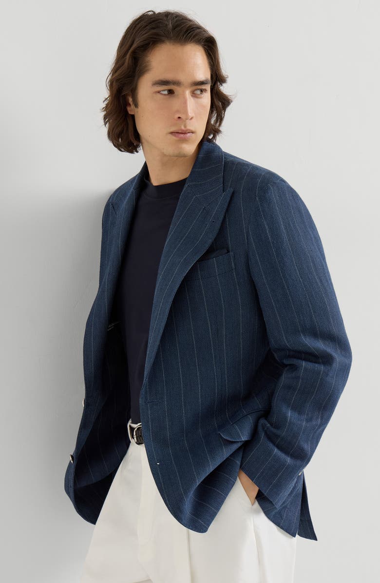 Brunello Cucinelli Chalk stripe chevron blazer, Alternate, color, Blue