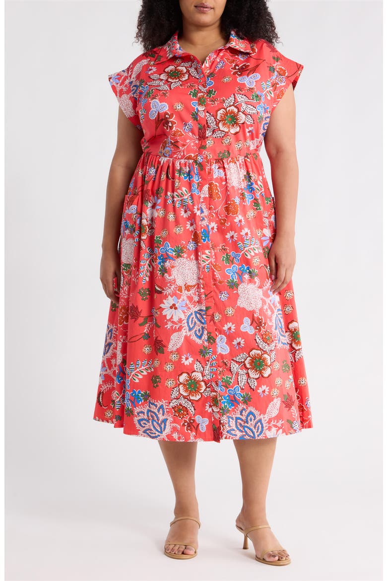 Oreanna Floral Print Midi Shirtdress, Main, color, CORAL-BLUE