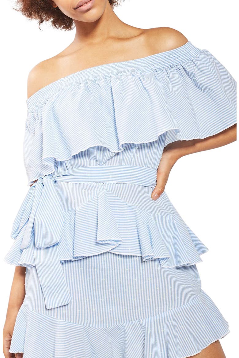 Bardot Ruffle Stripe Dress, Main, color, LIGHT BLUE