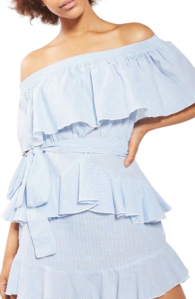 Topshop Bardot Ruffle Stripe Dress, Main, color, 
