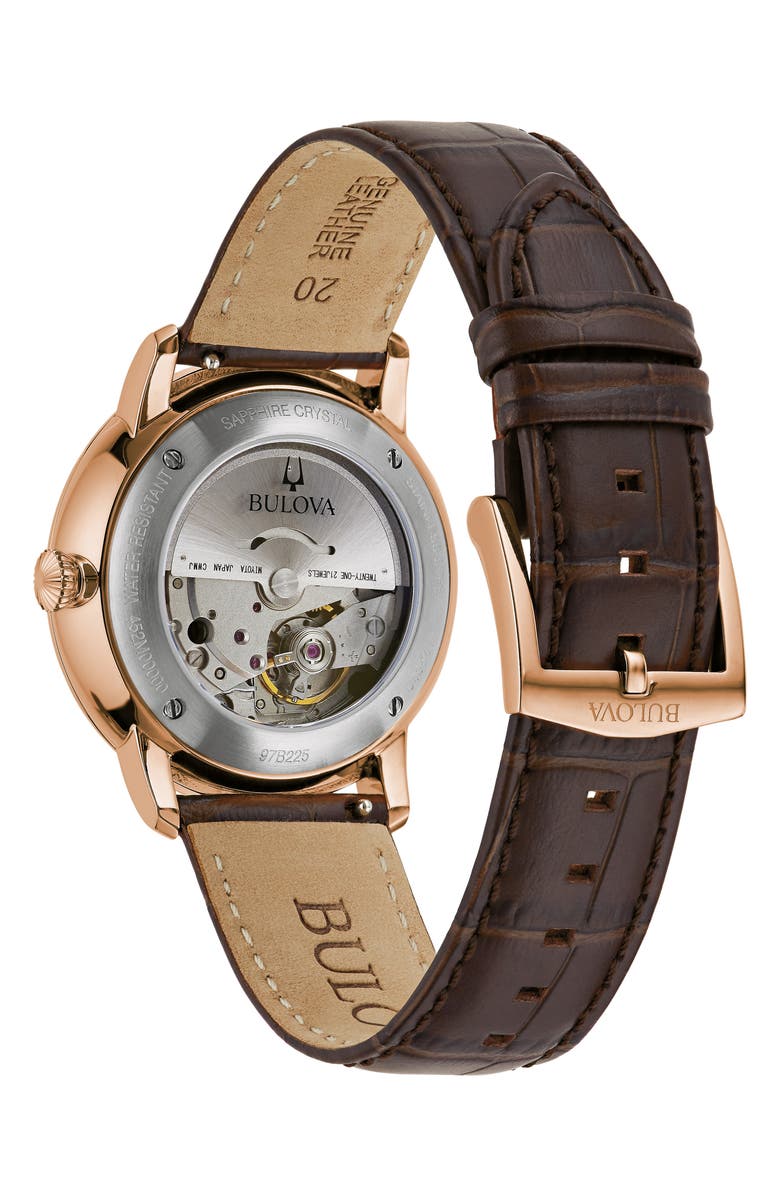 BULOVA Hudson Leather Strap Watch, 39mm, Alternate, color, Rose Gold-Tone