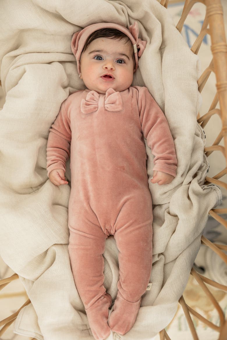 Bow Stitch Ribbed Velour Romper with Matching Hat, Alternate, color, Rose