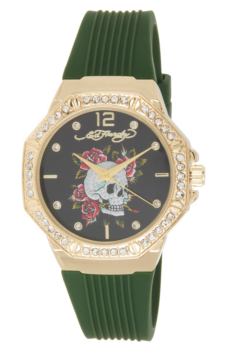 Ed Hardy Silicone Strap Watch, 38mm, Main, color, Matte Green