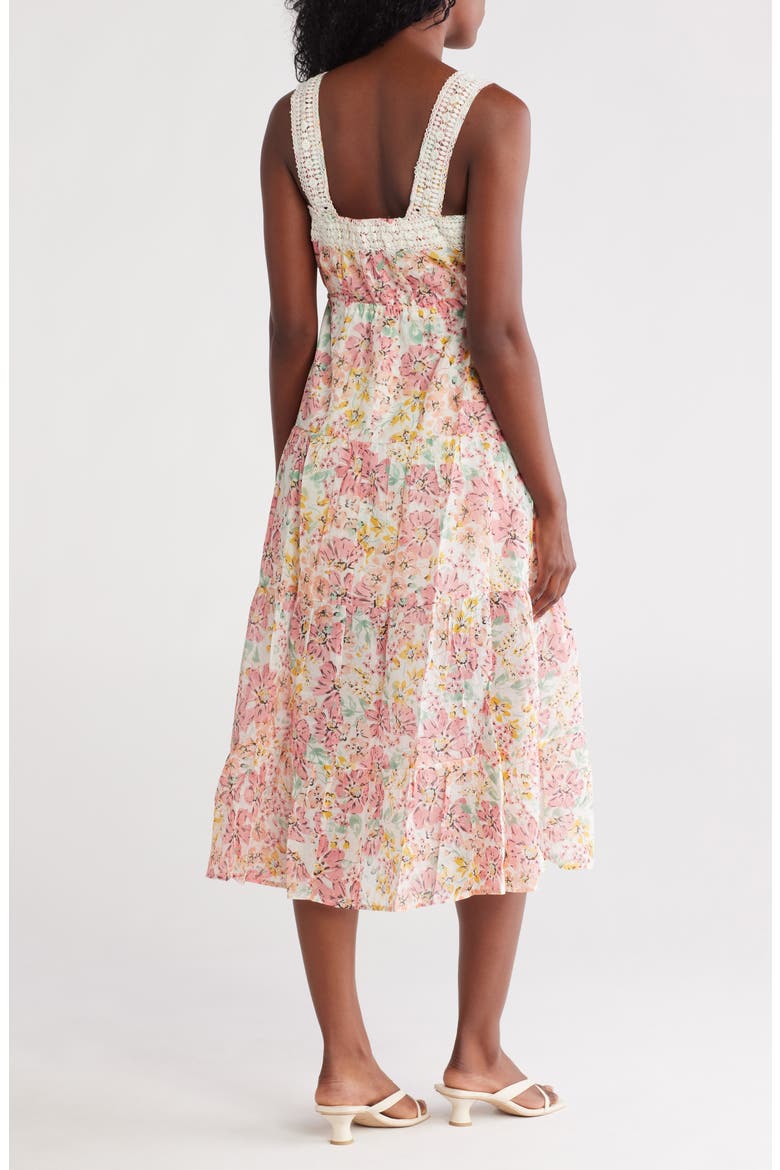 Floral Cotton Tiered Midi Dress, Alternate, color, NATURAL/ PEACH BLOSSOM