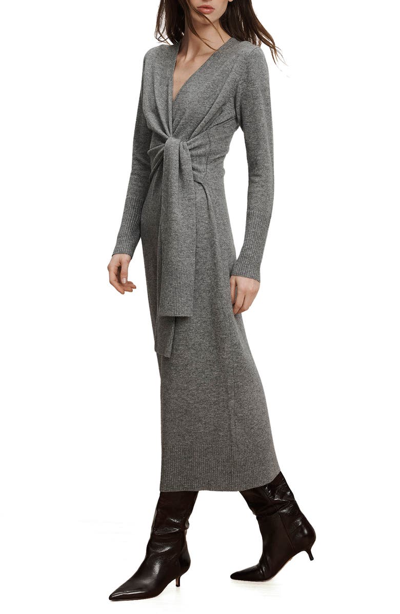 Veronica Beard Salomez Tie Waist Long Sleeve Maxi Sweater Dress, Alternate, color, Medium Heather Grey
