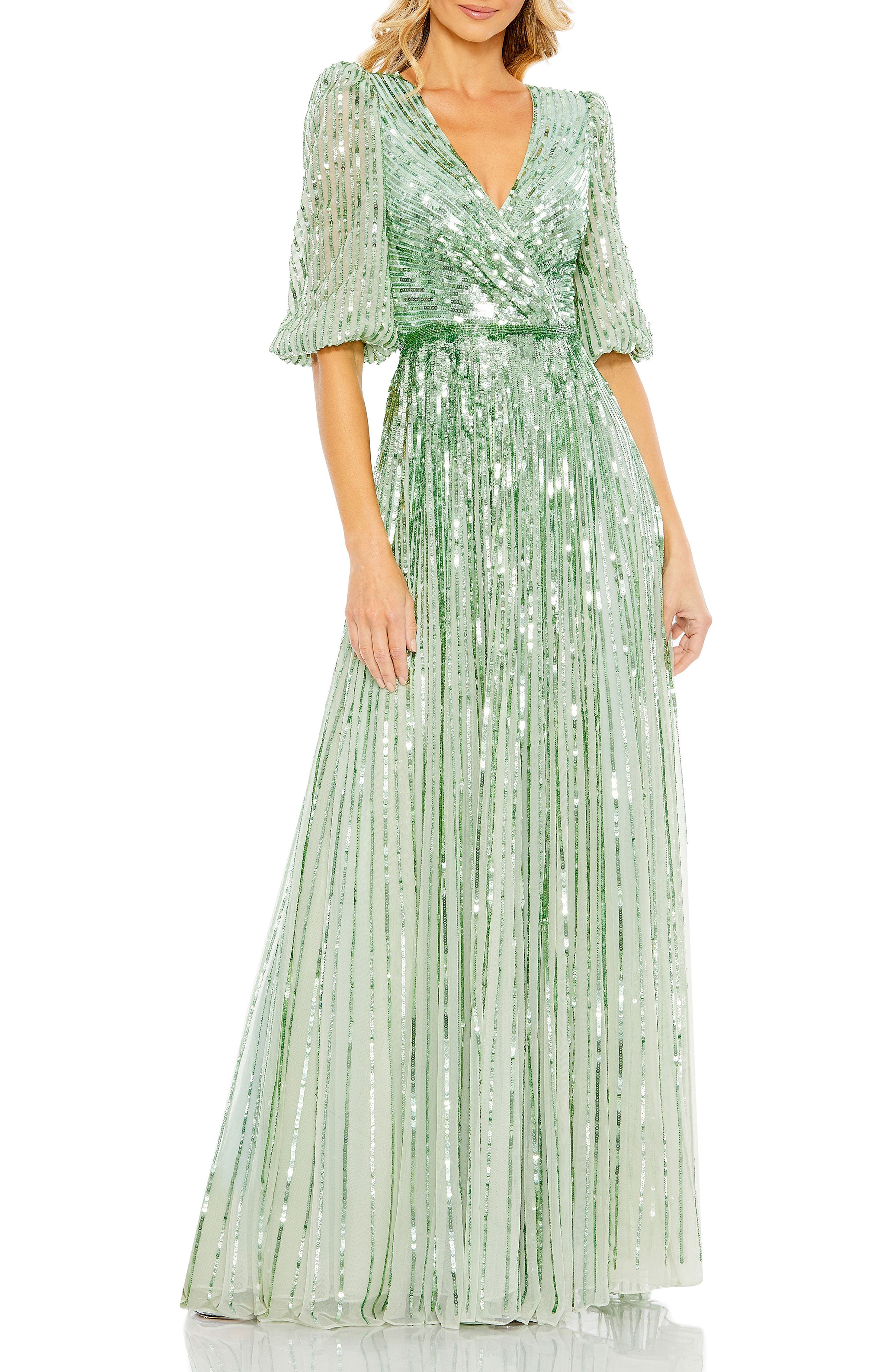 Sequined Wrap Over 3/4 Sleeve Gown