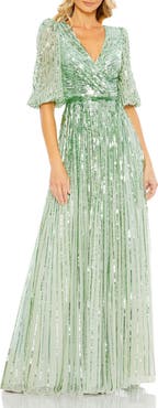 Mac Duggal Sequined Wrap Over 3/4 Sleeve Gown