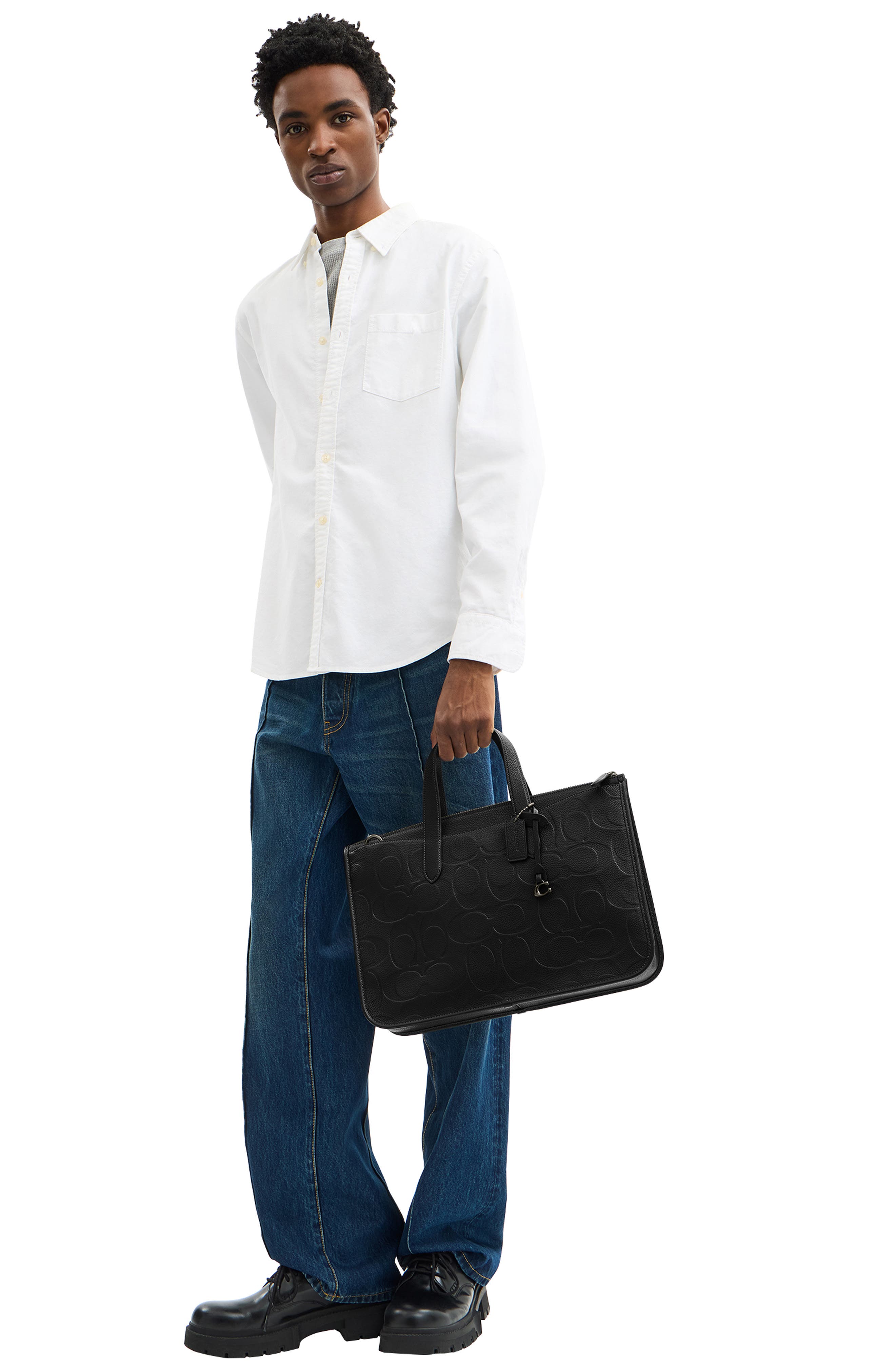 COACH Isaac Maxi Signature Embossed Leather Messenger Bag, Alternate, color, 