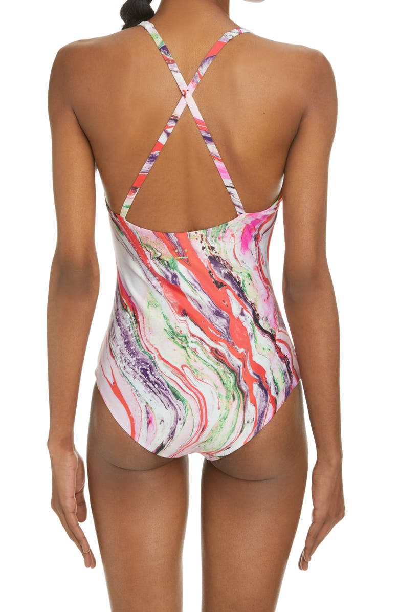 Acne Studios Witala Face Marble Print One-Piece Swimsuit, Alternate, color, Neon Red