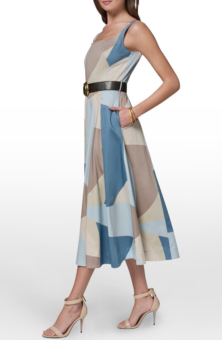 Donna Karan New York Abstract Pleated Sleeveless Belted Stretch Cotton Midi Dress, Alternate, color, Washed Indigo/ Sea Mist Multi
