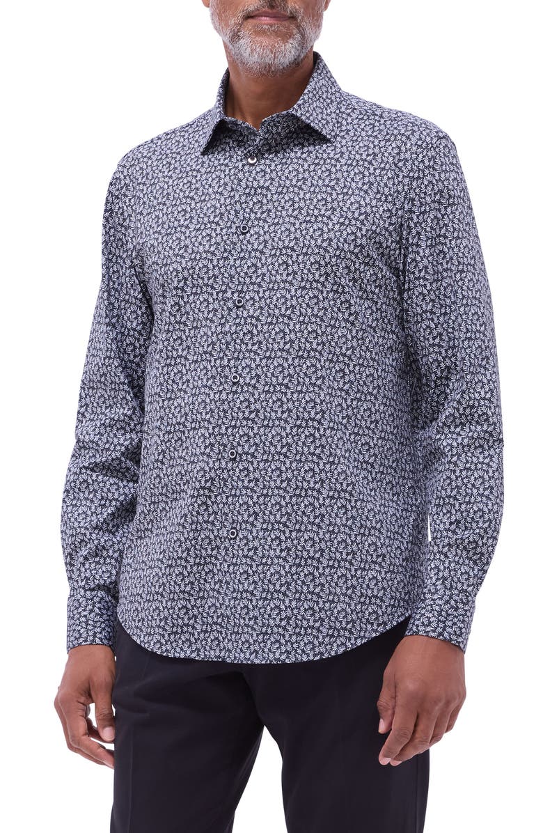 Bugatchi James OoohCotton<sup>®</sup> Leaf Print Button-Up Shirt, Main, color, Black