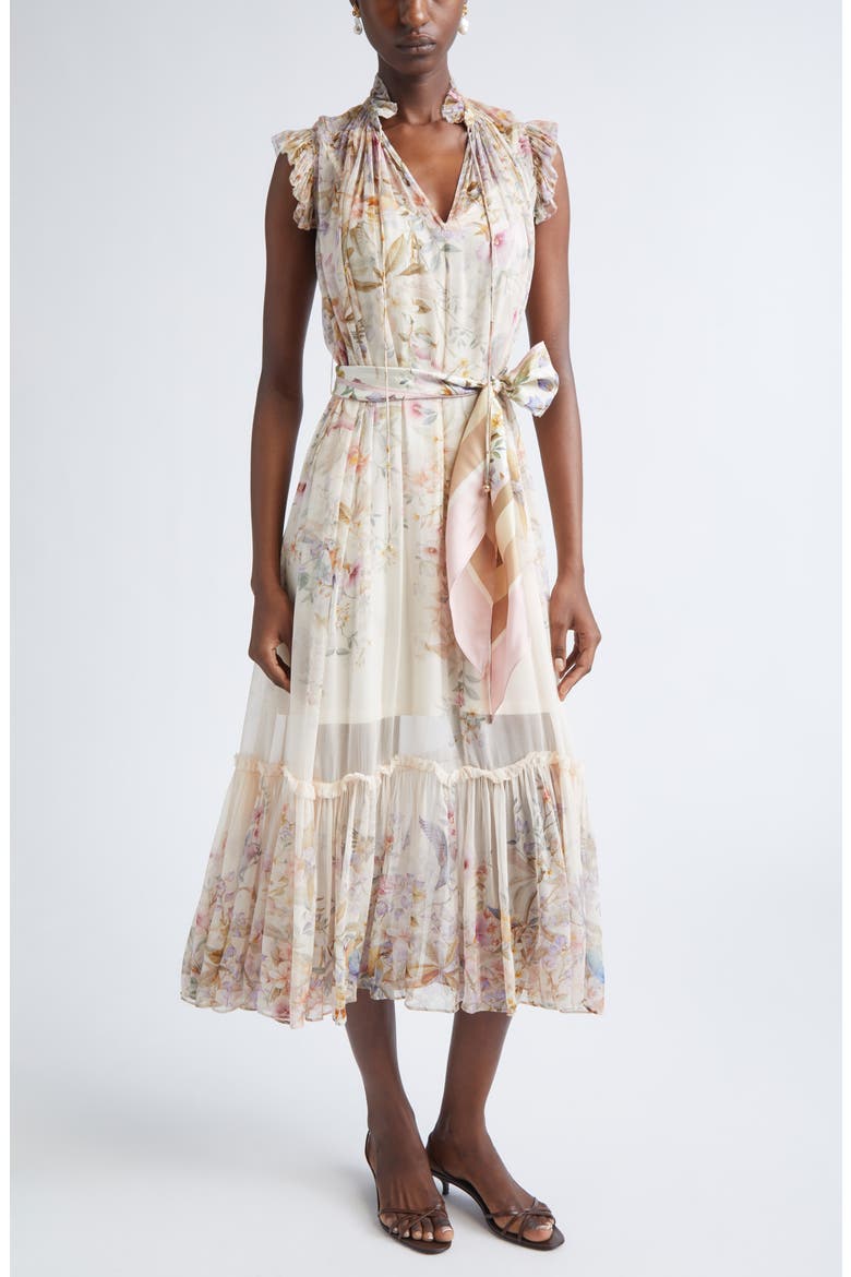 Rebellion Flutter Floral Chiffon Midi Dress, Main, color, CREAM AVIARY