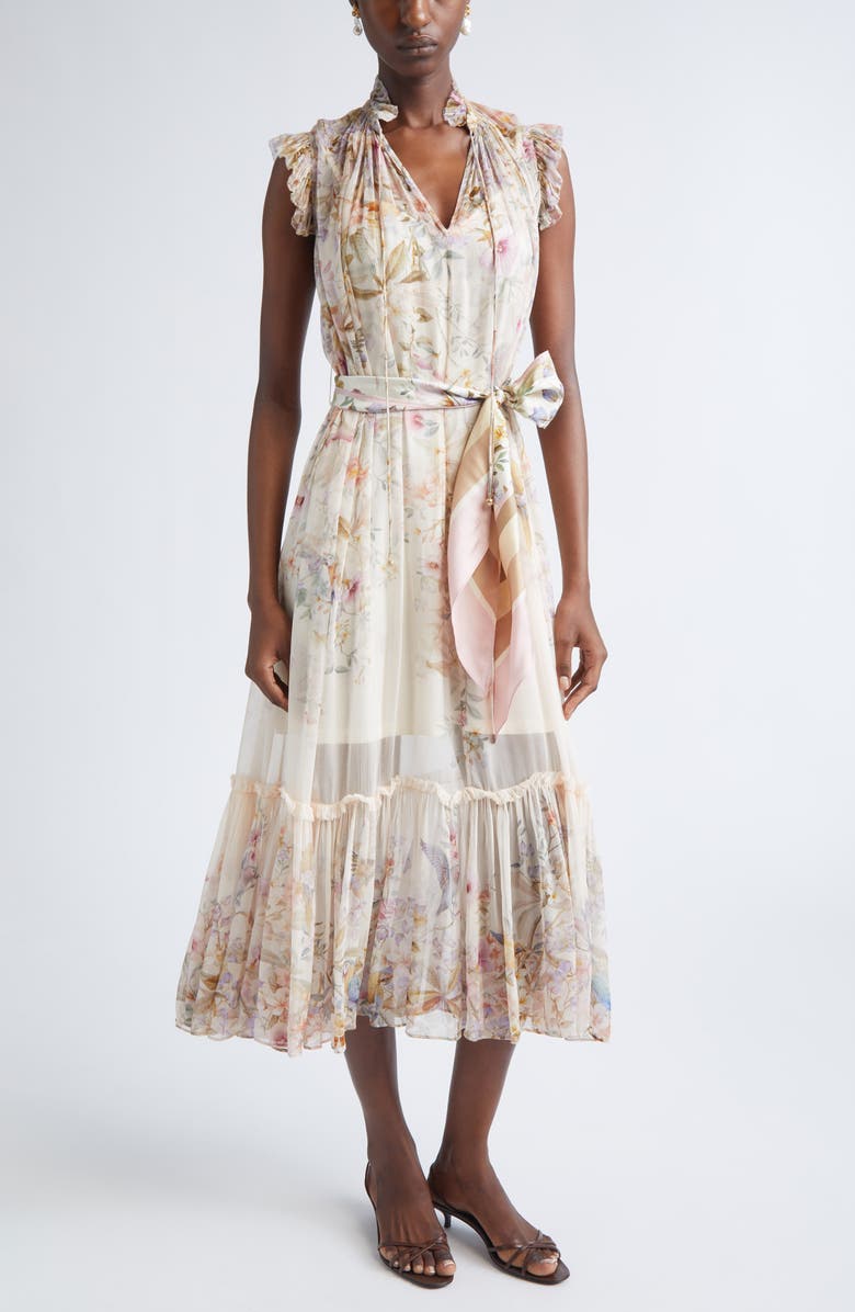 Zimmermann Rebellion Flutter Floral Chiffon Midi Dress, Main, color, Cream Aviary
