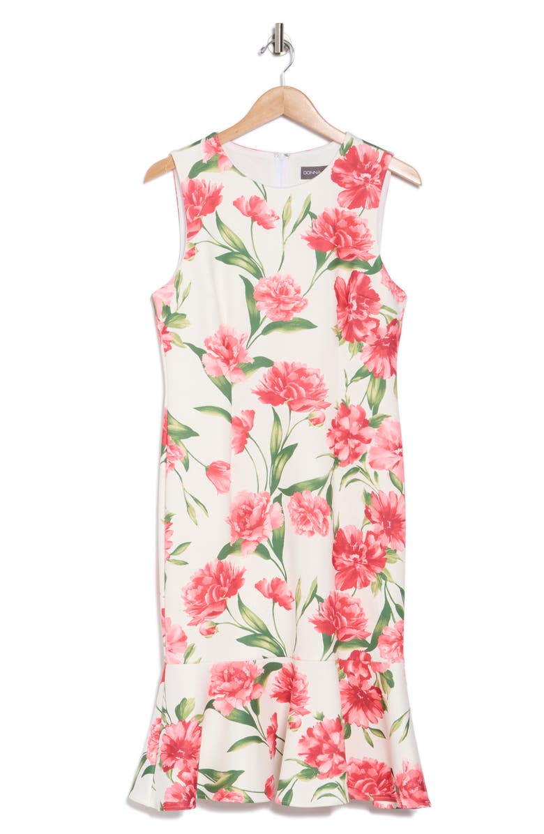 Donna Ricco Floral Sleeveless Flounce Hem Sheath Dress, Alternate, color, Ivory Multi