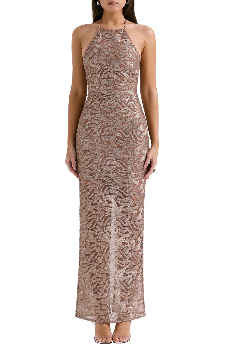 HOUSE OF CB Giada Beaded Halter Gown, Main, color, Rose Gold