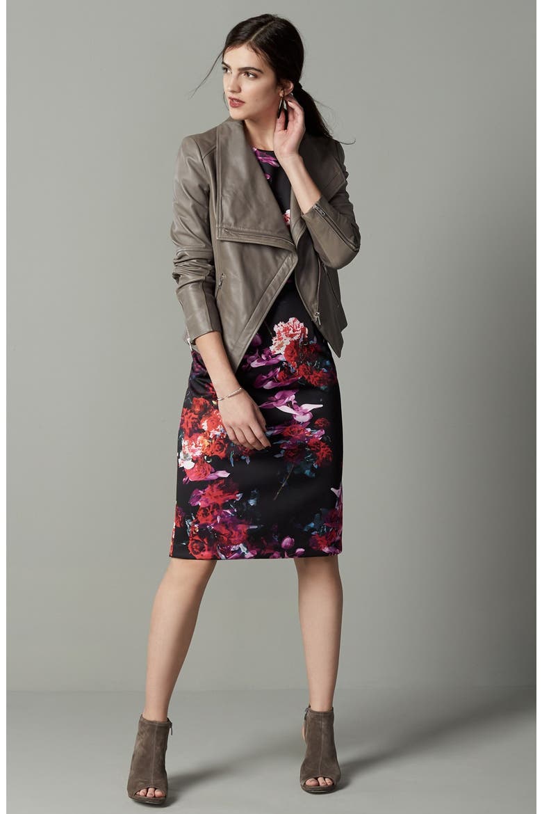 Floral Print Knit Sheath Dress, Alternate, color, BLACK/ PURPLE MULTI