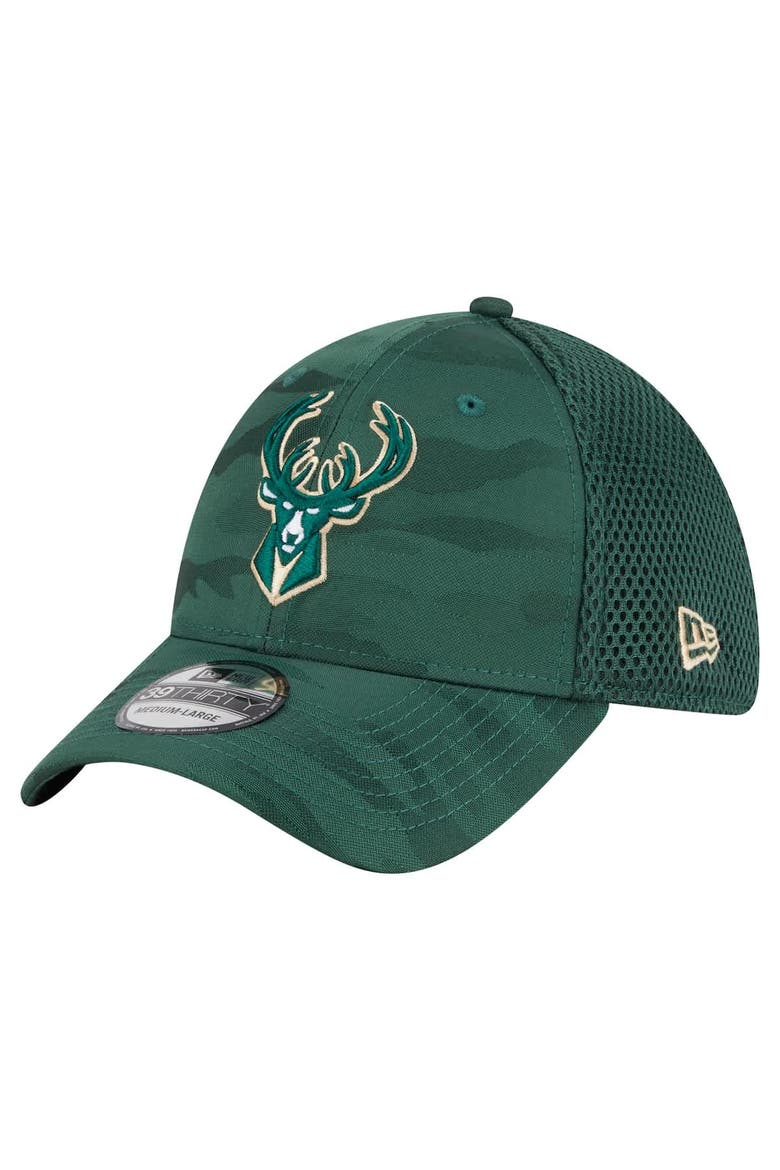 Men's New Era  Hunter Green Milwaukee Bucks Subtle Camo 39THIRTY Flex Hat, Main, color, Hunter Green
