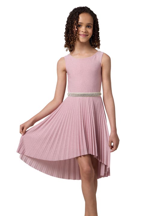 Glitter Pleated High Low Dress with Belt (Big Kid)